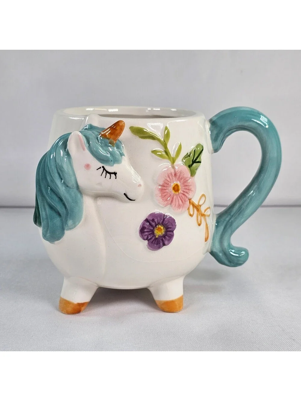 Boston Warehouse Unicorn Mug Teal Mane Floral 3D Sculpted Ceramic Footed 16oz